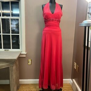 Y2K Beaded Coral Halter Prom Dress Size 3/4 Made in USA Great Cond Some Flaws